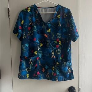 Colorful Puzzle Print Scrub Top